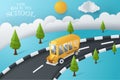 Back to school concept. Paper art model yellow school bus on colour background Royalty Free Stock Photo