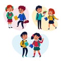 Back to school concept. Pupils, girl and boys with books and backpacks on blue background. Flat style vector