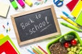 Back to school concept. Lunch box with stationery and backpack. Royalty Free Stock Photo