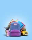 Back to school concept school supply around  Backpack bag 3d illustration on blue gradient Royalty Free Stock Photo