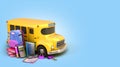 Back to school concept school supply flying in air around yellow bus 3d illustration on blue gradient Royalty Free Stock Photo