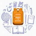 Back to school concept. Schoolbag with the set of doodle icons of school supplies. Vector illustration