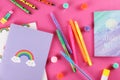 Set of school supplies on paper textured background Royalty Free Stock Photo