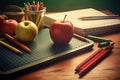 Back to school concept with sketchbooks, pencils, stationery supplies, apples on wooden table Royalty Free Stock Photo