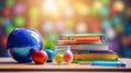 Back to school concept. Stack of books, apple, pencils and globe on table Royalty Free Stock Photo
