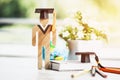 Back to School Concept, Student Sign wood with Graduation celebrating cap with textbook and blur globe mape, alternative studying