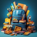 Back to school concept. School supplies on blue background. 3d illustration Ai generative Royalty Free Stock Photo
