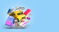 Back to school concept school supply flying in air around yellow bus 3d illustration on blue gradient Royalty Free Stock Photo