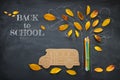 Back to school concept. Top view image of school bus and pencils next to tree sketch with autumn dry leaves over classroom blackbo Royalty Free Stock Photo