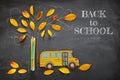 Back to school concept. Top view image of school bus and pencils next to tree sketch with autumn dry leaves over classroom blackbo Royalty Free Stock Photo