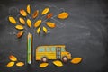 Back to school concept. Top view image of school bus and pencils next to tree sketch with autumn dry leaves over classroom blackbo Royalty Free Stock Photo