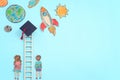 Back to school concept. Top view image of two kids standing next to wooden ladder over blue background