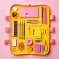 Back to school concept top view of Open pencil case. Generative AI Image. High quality photo Royalty Free Stock Photo