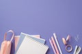 Back to school concept. Top view photo of notebooks pens adhesive tape stapler clips and pink pencil-case on isolated lilac