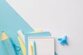 Back to school concept. Top view photo of yellow and blue school supplies plane shaped sharpener copybooks pens ruler and blue Royalty Free Stock Photo