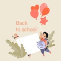 Back to school concept. Vector banner template with a little boy with a backpack and a globe flying up to the sky holding balloons