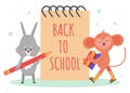 Back to school concept vector illustration, cartoon cute fluffy animal student schoolkid characters with pencil, stack