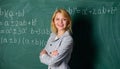 Back to school concept. Working conditions which prospective teachers must consider. Woman smiling educator classroom Royalty Free Stock Photo