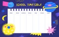 Back to school cosmic theme timetable. Cute hand drawn doodle schedule template for students, pupils, kids with funny moody