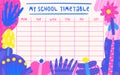 Back to school cosmic theme timetable. Cute hand drawn doodle schedule template for students, pupils, kids with funny plants,