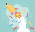 Back to school, crayons pencils and rocket education cartoon