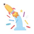Back to school, crayons pencils and rocket education cartoon