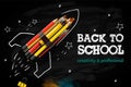 Back to school creative banner. Rocket ship launch with pencils - sketch on the blackboard, vector illustration. Royalty Free Stock Photo