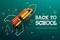 Back to school creative banner. Rocket ship launch with pencils - sketch on the blackboard, vector illustration. Royalty Free Stock Photo