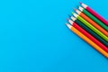 Back to school and creativity from stop. Colors, pencil and tools for school education on blue background. Colorful tools fro Royalty Free Stock Photo