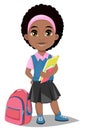 Back to school. Cute Afro-American girl with books in casual clothes stands near schoolbag