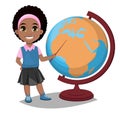 Back to school. Cute Afro-American girl points to the globe with