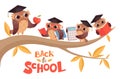 Back to school. Cute cartoon baby owls and teacher on tree branch vector illustration Royalty Free Stock Photo