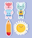 Back to school, cute cat raccoon with uniform pencil and sun stickers icons cartoon