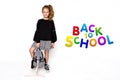 Back to school. Cute child girl with backpack running and going to school with fun - Image Royalty Free Stock Photo