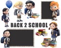 back to school, cute childeren in school uniform with books, balloon and blackboard, isolated on white background Royalty Free Stock Photo