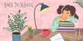 Back to school. Cute horizontal vector illustration of a sitting over the books student. Girl, books, notebook, flowers