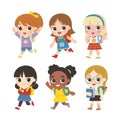 Set of diverse Kids and Different nationalities. Cute kids go to school.