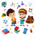 Back to school. Cute kids standing with object school such as pencil , bag,clock,book,globe,ball,glass,bin