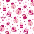 Back to school cute pink ladybugs seamless vector pattern background. Kawaii carton ladybird characters with pretty Royalty Free Stock Photo