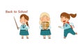 Back to school. Cute schoolgirls in blue uniform going to school cartoon vector illustration