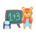 Back to school, cute tiger with backpack and chalkboard cartoon