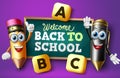 Back to school 3d character vector banner design. Back to school text in chalkboard element with education characters.