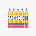 Back to school design concept with five pencils and text in center. Vector illustration. Isolated