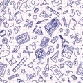 Back to School Doodle Seamless Pattern. Blue Ballpen Drawing on Red Line Paper