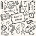 Back to School doodle set. Hand draw school items on a sheet of exercise book. Vector Royalty Free Stock Photo