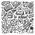 Back to school doodle style illustration. School bus, bagpack, pencil, rocket, sneaker, schoolboard etc. Royalty Free Stock Photo