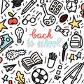 Back to school doodle style illustration. School bus, bagpack, pencil, rocket, sneaker, schoolboard etc. Royalty Free Stock Photo