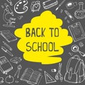 Back to school doodles on chalkboard background with yellow underline. Vector hand drawing illustration. Royalty Free Stock Photo