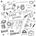 Back to school doodles. Hand drawn school icons set. Sketch school icons set. Vector illustration.