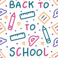 Back to school doodles rulers, pencils, and protractors form a colorful, repeating pattern Royalty Free Stock Photo